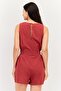Women Plain Sleeveless Belted Playsuit, Dark Red - 4