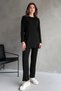 Black Cotton Ribbed Women's Blouse Pants Two-Piece Set