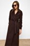Epaulette Detailed Double Breasted Long Length Coat Brown 3056 - 6
