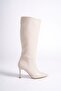 Mbhrnd1717-Bj Women's Thin 9 cm Heeled Pointed Toe Beige Long Boots - 3