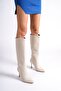 Mbhrnd1717-Bj Women's Thin 9 cm Heeled Pointed Toe Beige Long Boots - 4