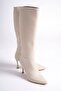 Mbhrnd1717-Bj Women's Thin 9 cm Heeled Pointed Toe Beige Long Boots