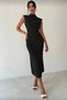 Women's Turtleneck Pleated Shoulder Midi Length Slit Evening Dress - 5