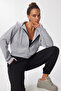 Zippered Hooded Ribbed Knitted Crop Sweatshirt Len0036 Gray Melange