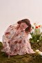 Women's Chiffon Ruffle Dress Glittering Orange Floral Pattern Ecru - 3