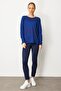 Women's Crew Neck Glitter Striped Stone Wool Blouse Dark Blue - 2