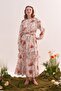 Women's Chiffon Ruffle Dress Glittering Orange Floral Pattern Ecru