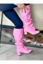 Pusi Pink Patent Leather 5 cm Heel Ruffled Below-The-Knee Boots - 5