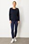 Women's Crew Neck Glitter Striped Stone Wool Blouse Dark Blue - 4