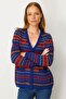 Women's V-Neck Jacquard Wool Cardigan Dark Blue - 2