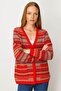 Women's V-Neck Jacquard Wool Cardigan Coral - 4