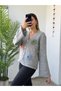 Floral Detail Spanish Sleeve Gray Women's Cardigan - 2
