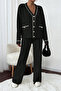 Women's Chic Black Knit Set with Contrast Stitching Detail - 2