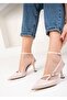 Beige Patent Leather Ankle Strap Women's Heeled Shoes - 4