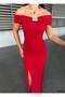 Stretchy Crepe Fabric Bow-Neck Front Stone-Detail Evening Dress Red 583322 - 4