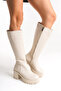 Women's Beige Thick Sole Round Toe Platform Heeled Leather Look Zippered Long Boots - 5