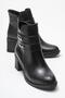 Women's Double Belted Stone Heeled Boots Black Skin