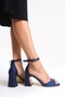 Women's Ankle Strap Navy Blue Satin Elegant Single Strap Thick Heeled Shoes, Wedding Dress Wedding Shoes - 6