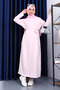 Powder Pink Crew Neck Waist Belted Dress