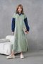 Women's Sleeves Denim Front Glass Pearl and Sequin Embroidered Wide Fit Long Knitwear Dress