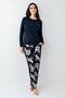 Women's Seasonal Long Sleeve Crew Neck Button Navy Blue Pajama Set, 50% Cotton 50% Modal - 2