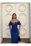 Flexible scuba fabric strapless sleeve pleat detailed evening dress cobalt blue 583323 - 2