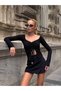 Bead Detailed Gathered Black Color Crop Blouse - 2