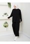 Women's Hijab Top and Bottom Set Ribbed Stand Collar Sleeves Button Detail Knitwear Set Camel - 5
