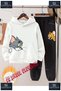 Children's Unisex Printed Hoodie and Sweatpants Set with the Text: "Tom and Jerry Heads on Fire"