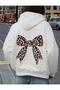 White Leopard Bow Back Printed Hooded Kangaroo Pocket Sweatshirt Hodie