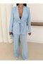 Women's Tie-Up Belted Shawl Collar Blazer Jacket Flared Leg Stretchy Pants Suit