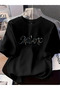 Unisex Oversize Printed Cotton Crew Neck Short Sleeve Black T-Shirt Silver Milano Italy