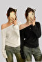 Black and White 2-Pack Women's Off-Shoulder Boat Neck Oversized Long Sleeve T-Shirt