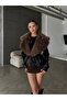 Black Fur Collar Tied Leather Jacket - 5