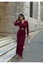 Women's New Season V-Neck Stretch Fabric Fabric Gold Belt Detailed Long Dress