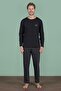 Men's Black Color Long Sleeve Round Neck Striped Detailed Pajama Set C0T4N91 - 2