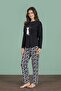 Women's Black Cat Printed Long Sleeve Round Neck Pajama Set C7T2N91 - 3