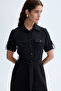 Women's Black Belted Short Sleeve Midi Shirt Dress - 4