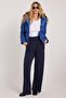 Women's Regular Fit Classic Cut Velcro Closure Wide Leg Navy Blue Trousers - 5
