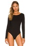 Women's Black Backless Boat Neck Long Sleeve Silk Jersey Snap Fastener Gathering Bodysuit