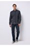 Slim Fit Shirt Neck Plaid Men's Navy Blue Long Sleeve Shirt - 3