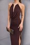 Slit Detailed Degaje Halter Neck Midi Evening Dress - 2