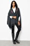 Women's Embroidered Collar, Sleeves Threaded Through, Large Wool Poncho, Dark Smoke - 3
