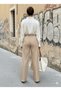 Women's Beige High Waist Pleated Palazzo Wide Leg Flowy Woven Fabric Pants - 3