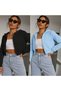 Women's Baby Blue-Black 2-Piece Hooded Zippered Crop Cardigan 2 Thread Raised Stitch