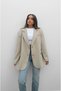 Stone Color Oversize Blazer Jacket with Ornamental Pockets - 3