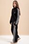 Black 3 Thread Ribbed Stripe Lace Detailed Girls Hooded Tracksuit Set 22719 - 6