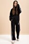Black 3 Thread Ribbed Stripe Lace Detailed Girls Hooded Tracksuit Set 22719 - 7