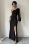 Black Women's One Shoulder Long Sleeve Slit Detail Crepe Fabric Long Dress