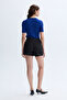 Women's Blue Crew Neck Oversize Short Sleeve Knitwear Sweater - 2